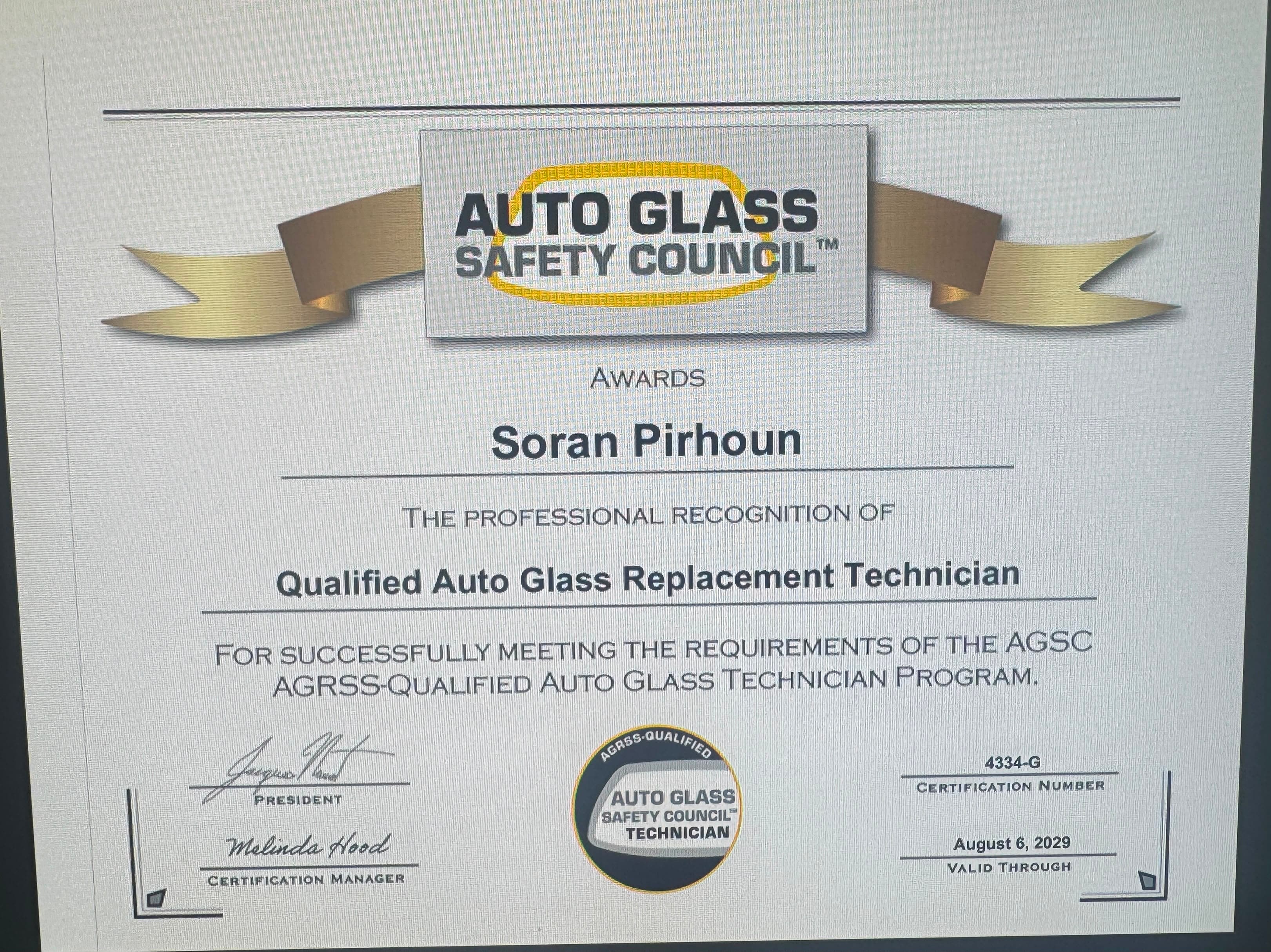 Auto Glass Safety Council certificate for Soran Pirhoun, Qualified Auto Glass Replacement Technician, certificate 4334-G