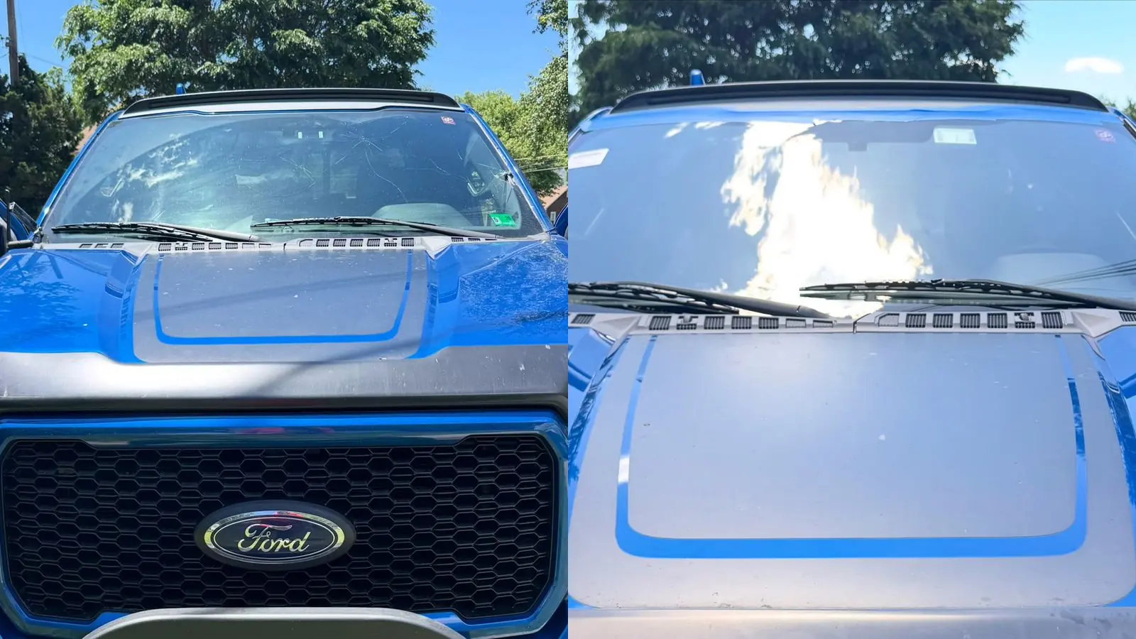 Cracked Ford F-150 windshield beside the completed replacement