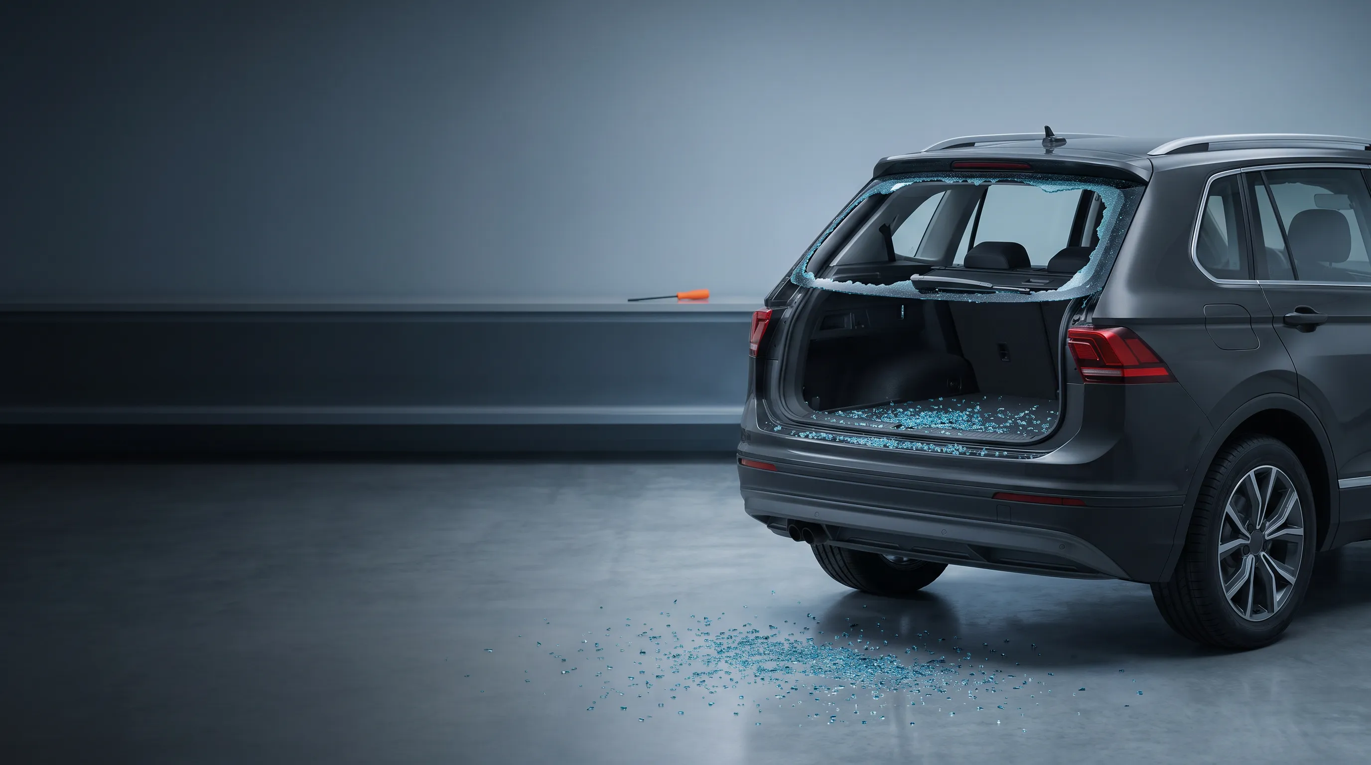 Illustration of shattered rear hatch glass ready for replacement
