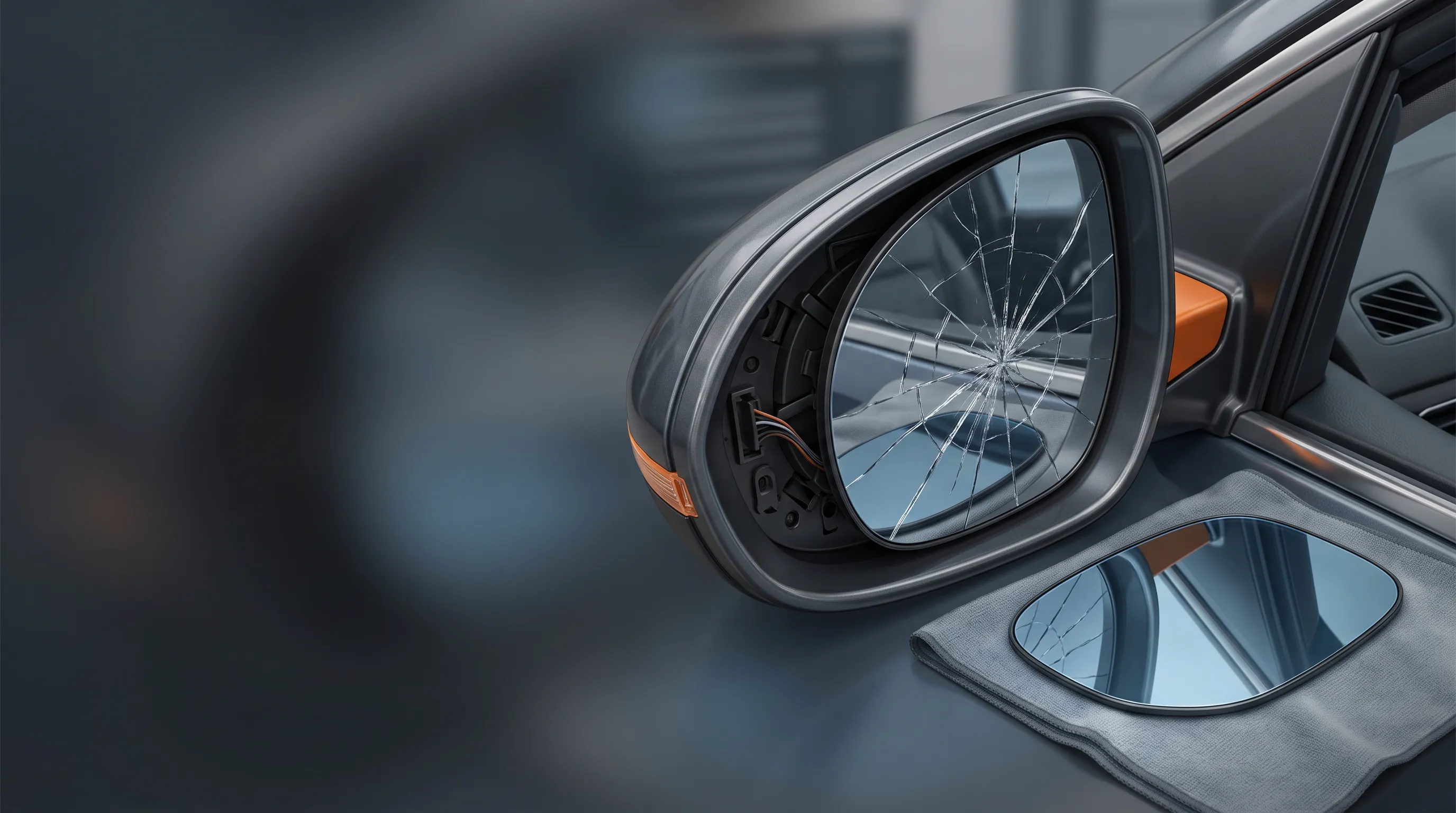 Illustration of cracked side-mirror glass beside its replacement insert