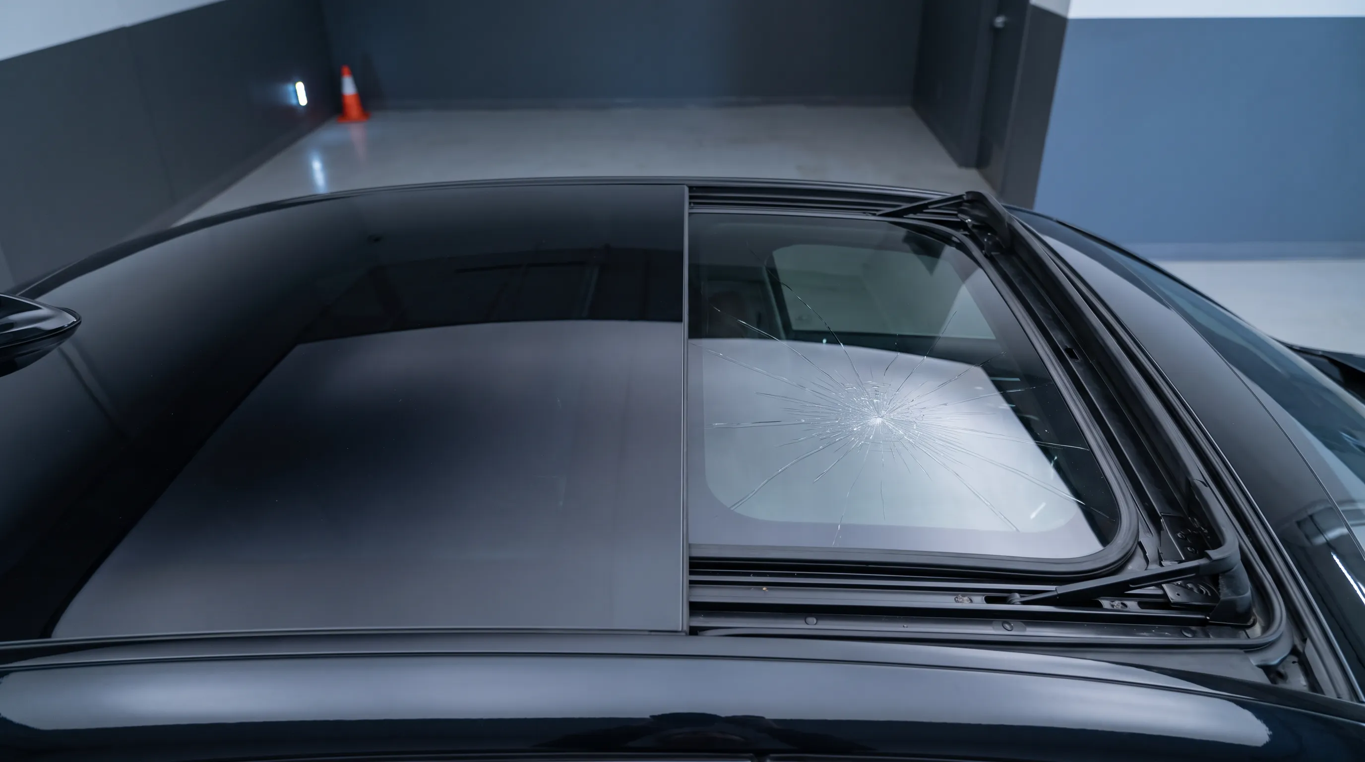 Illustration of cracked panoramic sunroof glass and exposed track mechanism