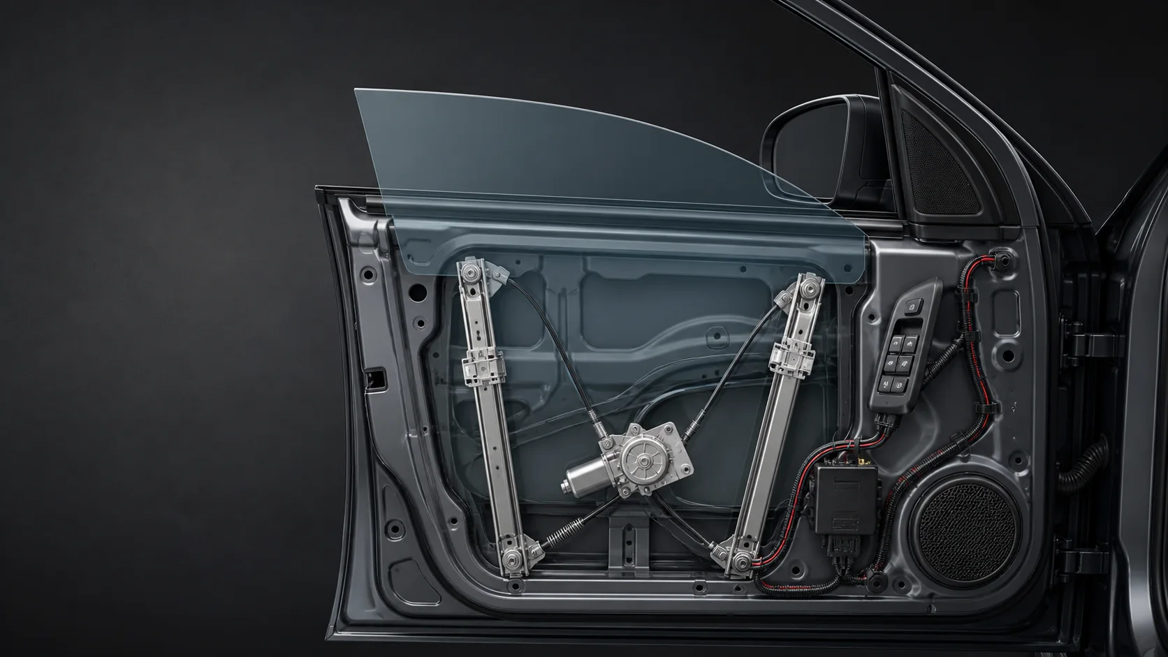 Representative cutaway showing car window glass, regulator rails, motor, switch, and wiring