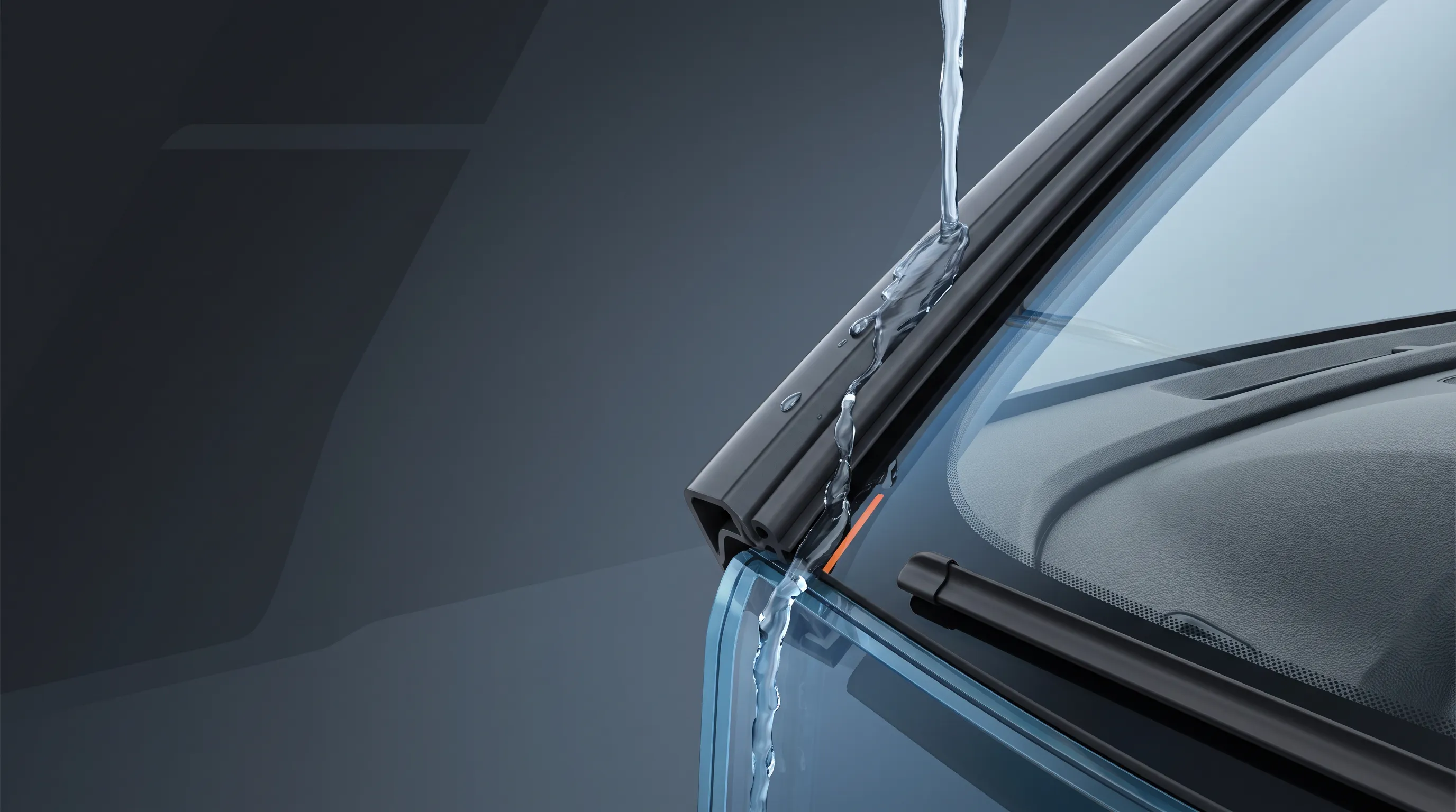 Representative illustration of water traced along a windshield edge during leak diagnosis
