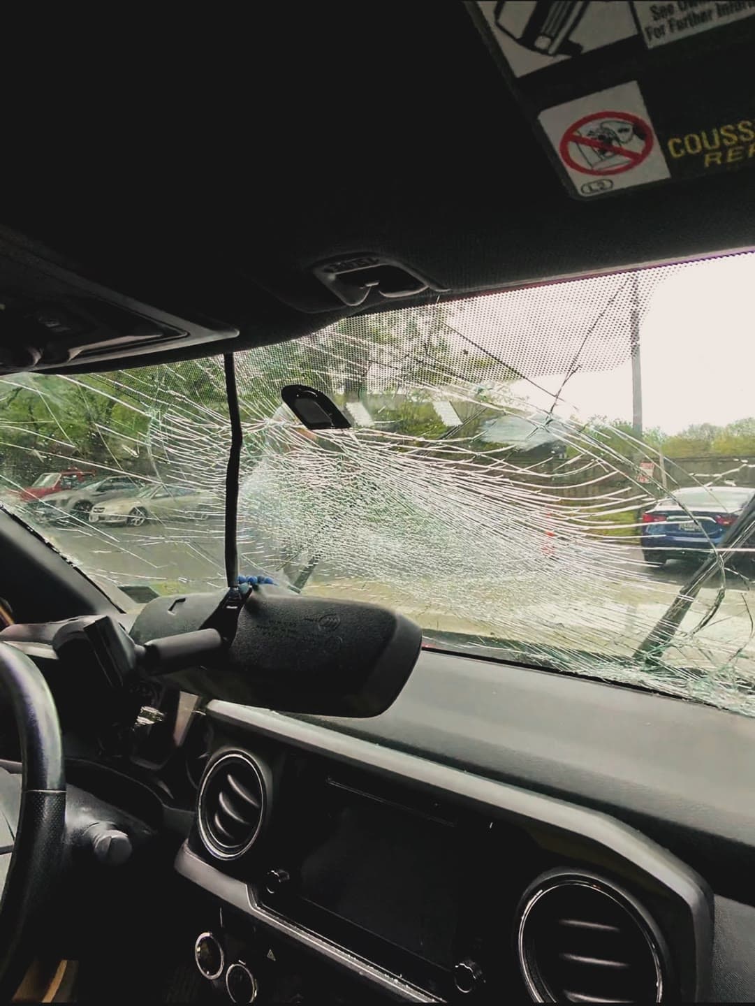A shattered Toyota Tacoma windshield replaced clean, same day in Northern Virginia